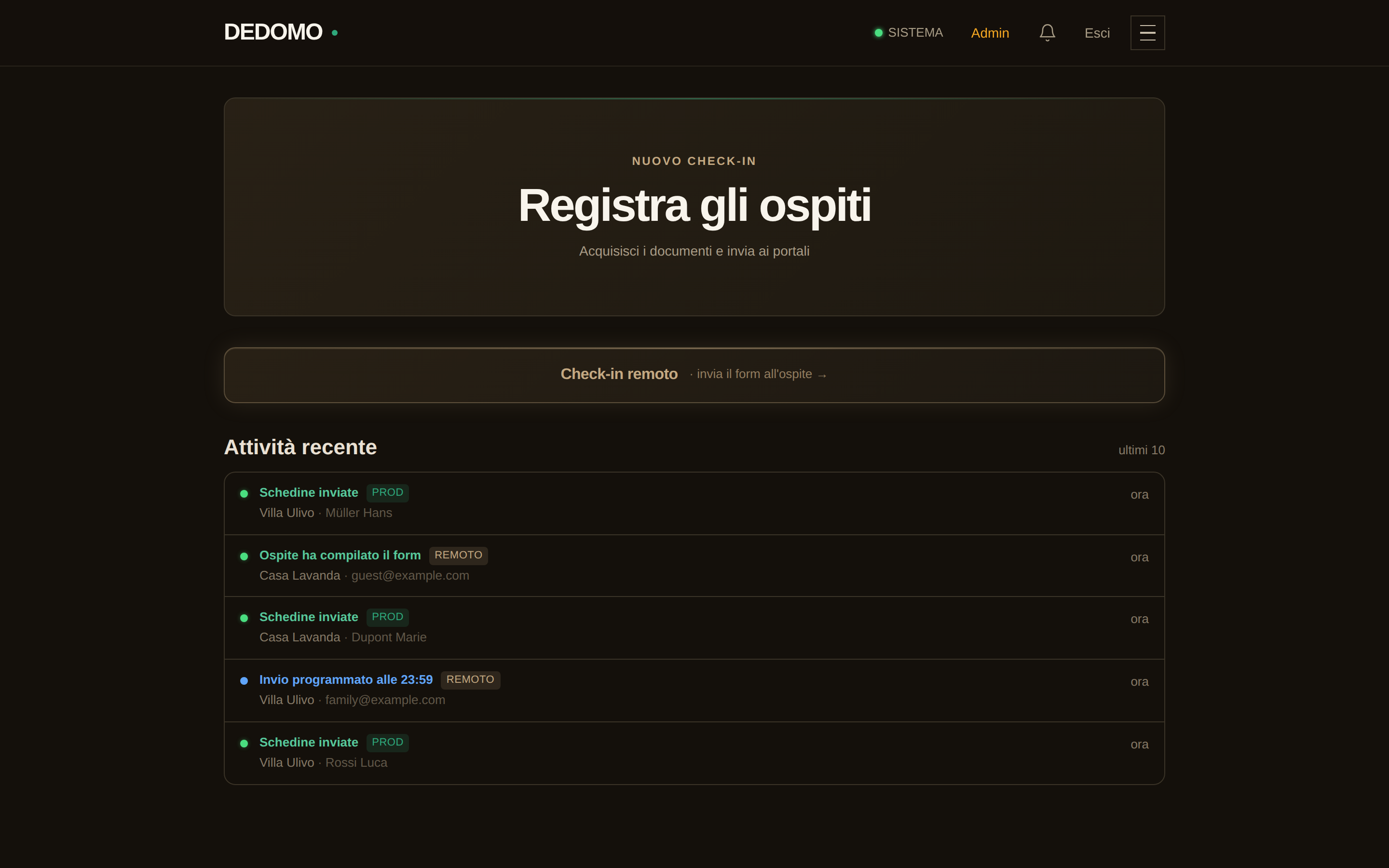 Dashboard Dedomo con registrazione ospiti e attività recente