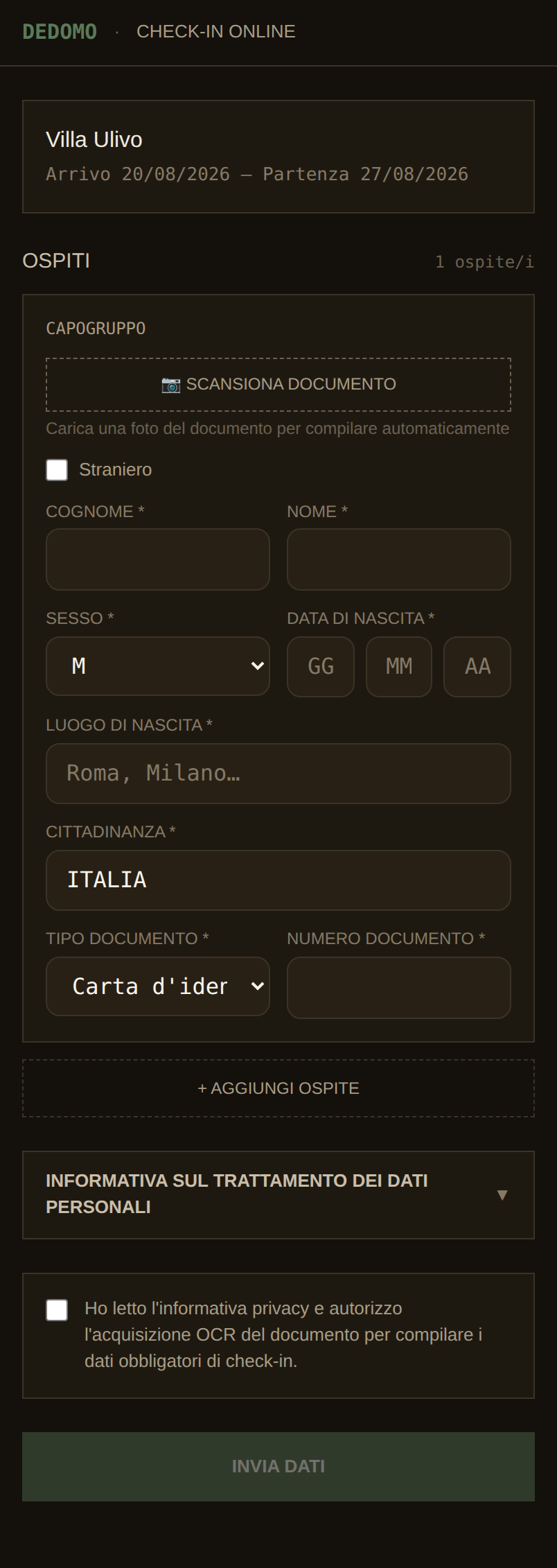 Check-in online da smartphone con scansione del documento